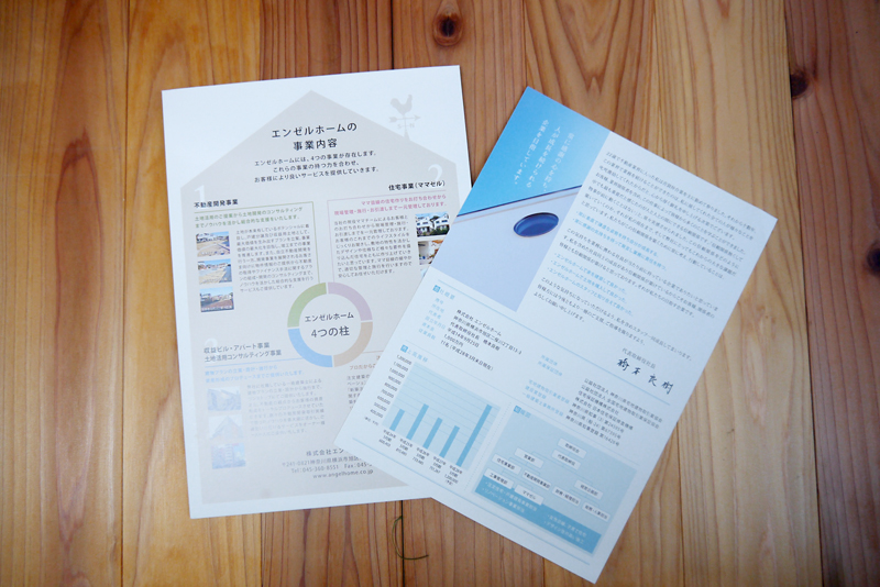 裏面は事業内容と社長の挨拶や業績、組織図が入っています。