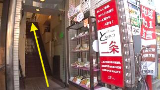 階段下のサンプルケースに設置されたとんかつ屋の店頭看板の例