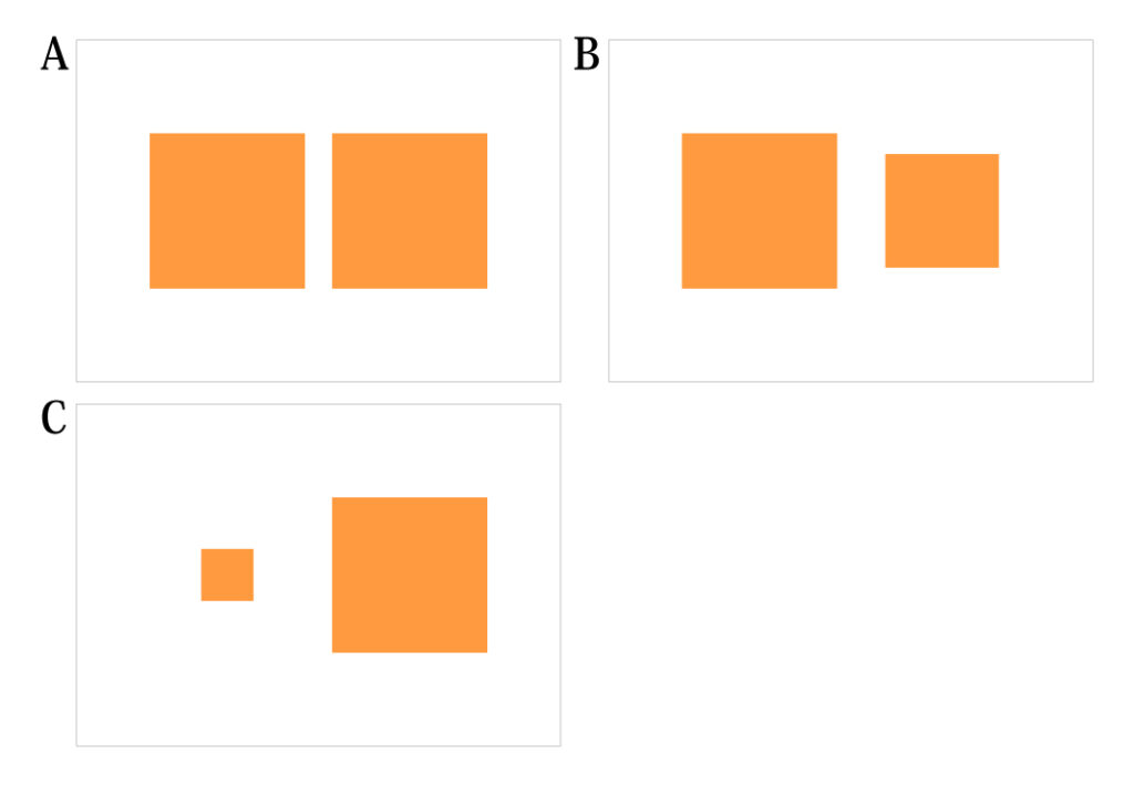デザインのジャンプ率の比較：大小の四角形が並ぶ3つのパターン